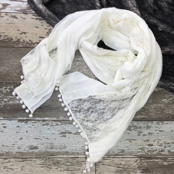 Accessories - $10 SALE Ivory Pom-Pom Lace Scarf
